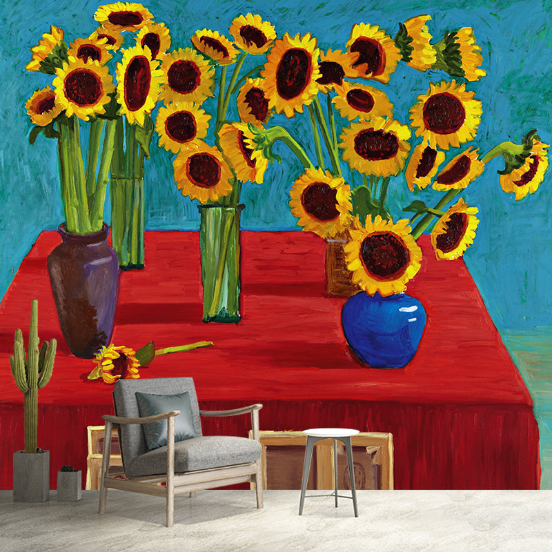 Modern Potted Sunflower Wallpaper Mural Red-Yellow-Blue-Green Bedroom Wall Art, Custom Printed Clearhalo 'Wall Decor' 'Wall Mural' 1421445