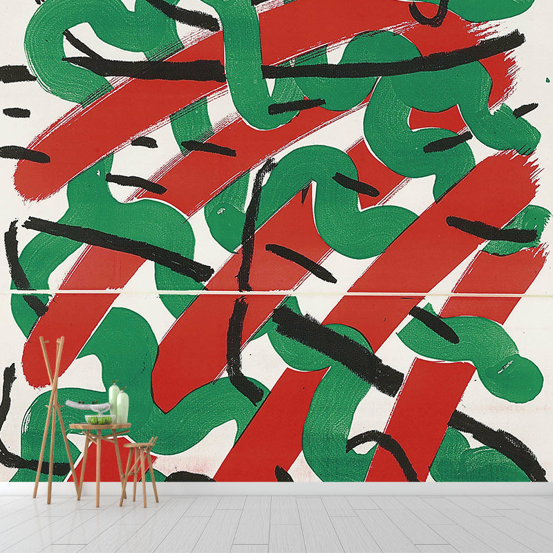 Artistry Interweaving Pattern Mural Red and Green Living Room Wall Decor, Made to Measure Clearhalo 'Wall Decor' 'Wall Mural' 1421485