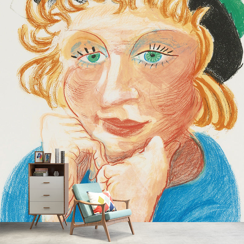 Woman Wearing Green Hat Murals Artistry Waterproof Bedroom Wall Decor, Optional Size Clearhalo 'Wall Decor' 'Wall Mural' 1421584