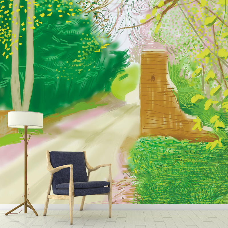 Artistry Spring Forest Path Mural Yellow and Green Scenery Drawing Wall Decoration Clearhalo 'Wall Decor' 'Wall Mural' 1421594