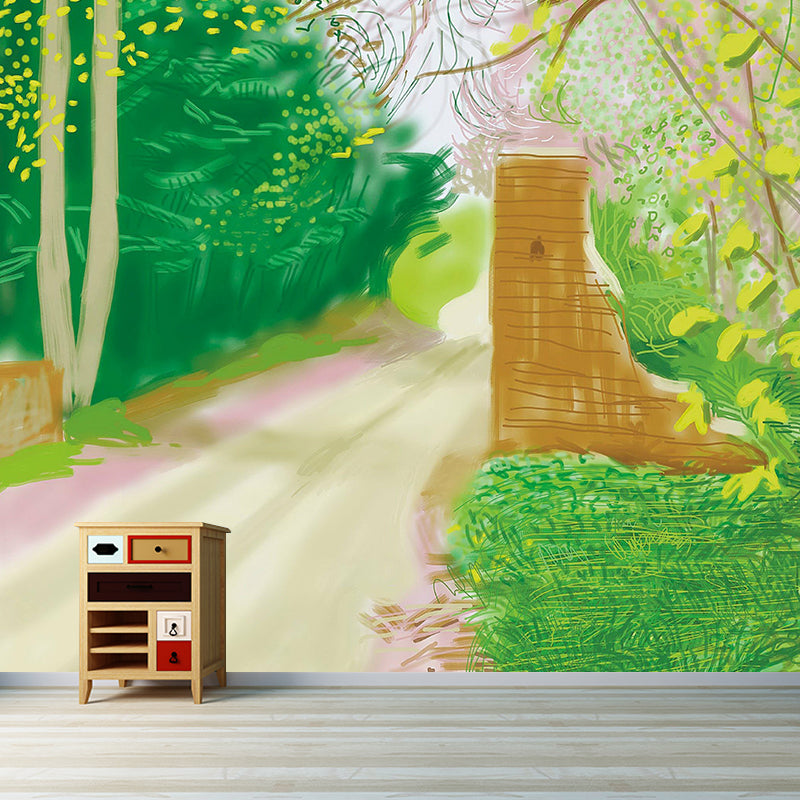 Artistry Spring Forest Path Mural Yellow and Green Scenery Drawing Wall Decoration Clearhalo 'Wall Decor' 'Wall Mural' 1421595