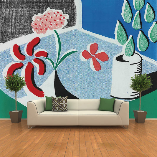 Artistic Plant Potted Flowers Mural Red-Blue-Green Stain Resistant Wall Covering for Home Clearhalo 'Wall Decor' 'Wall Mural' 1421604