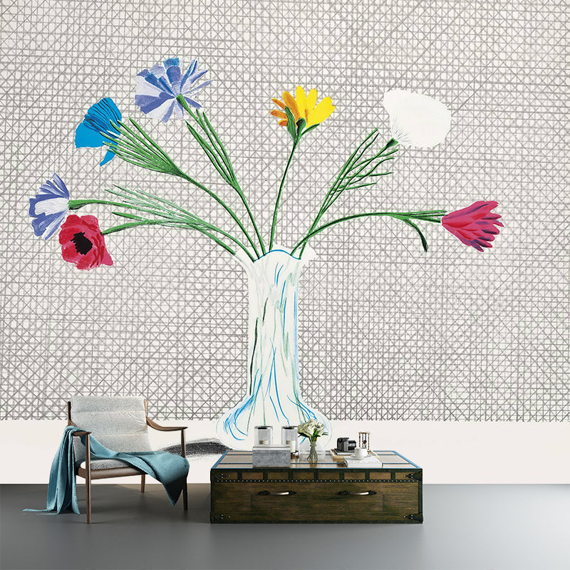 Still Life Flower Vase Murals Modern Art Non-Woven Material Wall Decor in Grey-Green Clearhalo 'Wall Decor' 'Wall Mural' 1421625