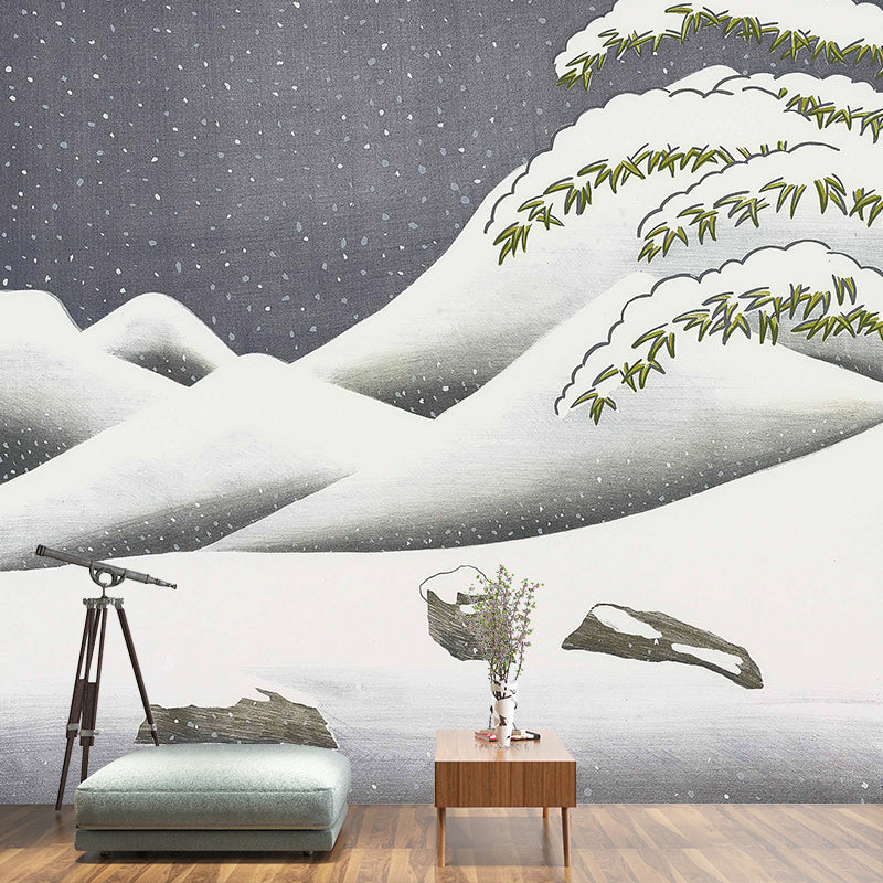 Art Snowing Mountain Landscape Murals Grey-Green Stain Resistant Wall Decor for Home Gray-Green Clearhalo 'Wall Decor' 'Wall Mural' 1421638