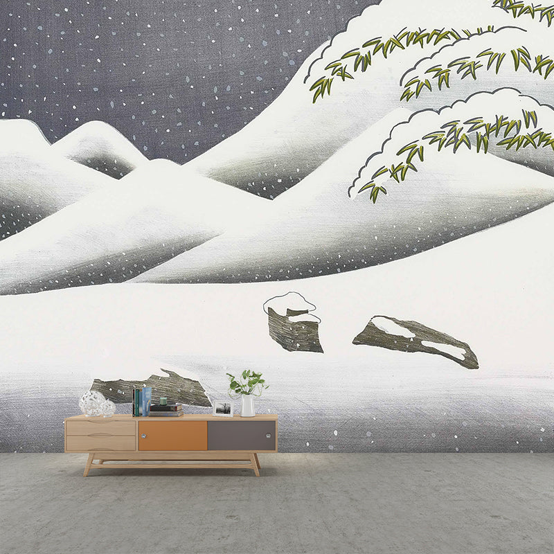 Art Snowing Mountain Landscape Murals Grey-Green Stain Resistant Wall Decor for Home Clearhalo 'Wall Decor' 'Wall Mural' 1421640