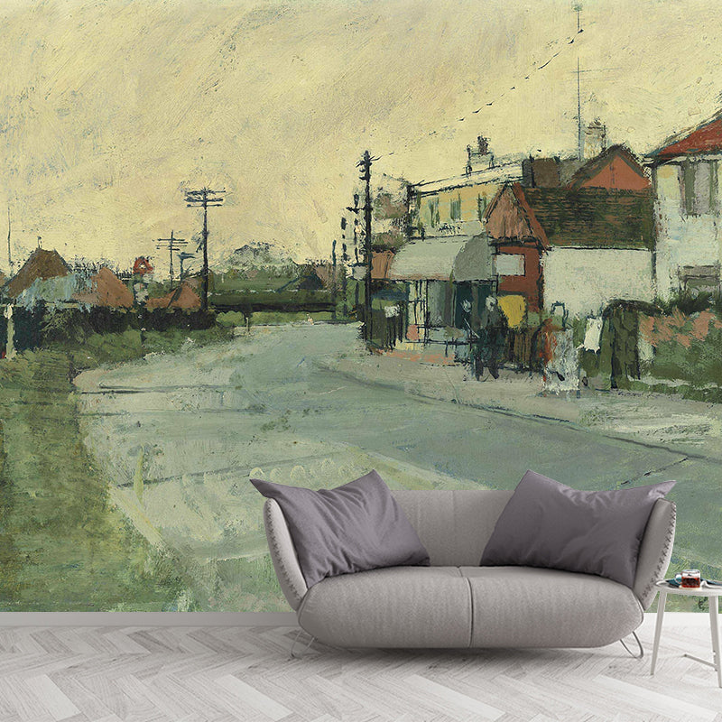 Tranquil Roadside Farmhouses Mural Wallpaper for Bedroom Scenery Painting Wall Art, Optional Size Grey-Yellow-Green Clearhalo 'Wall Decor' 'Wall Mural' 1421678