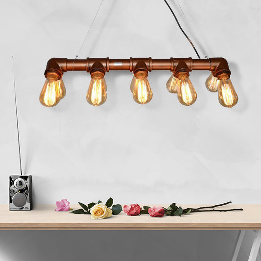 Metal Linear Island Lighting with Open Bulb Farmhouse Style 10 Lights Living Room Hanging Light in Rust Rust Clearhalo 'Ceiling Lights' 'Island Lights' Lighting' 142169