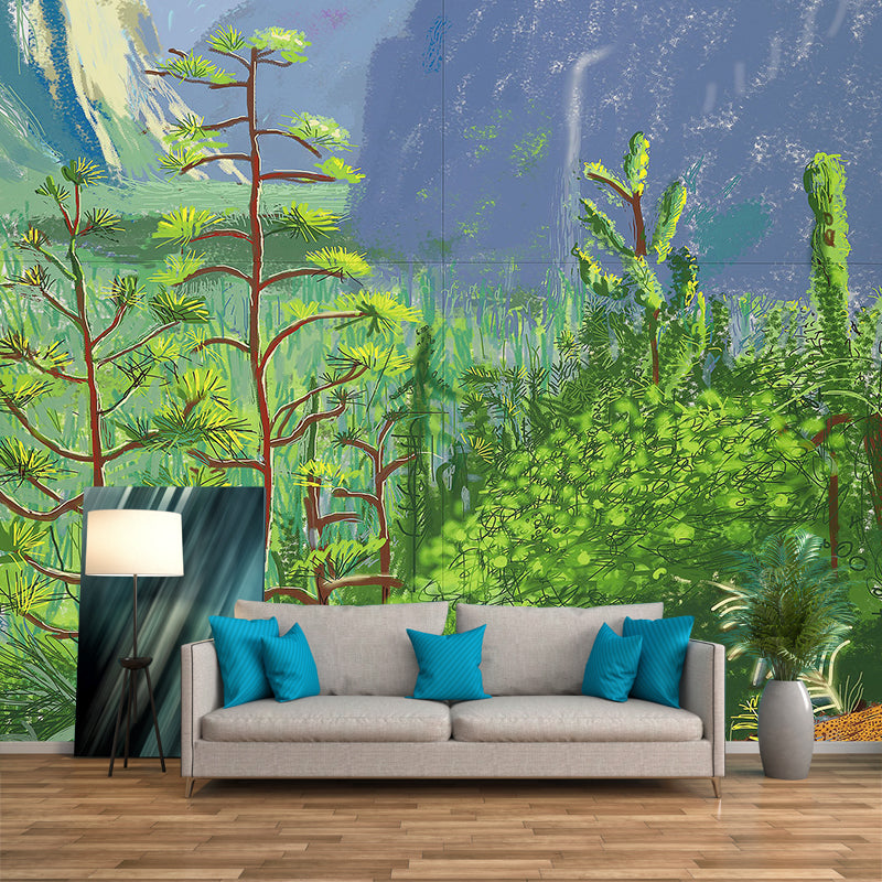 Art Deco Mountain Landscape Mural for Living Room Custom Wall Covering in Blue-Green Blue-Green Clearhalo 'Wall Decor' 'Wall Mural' 1421703