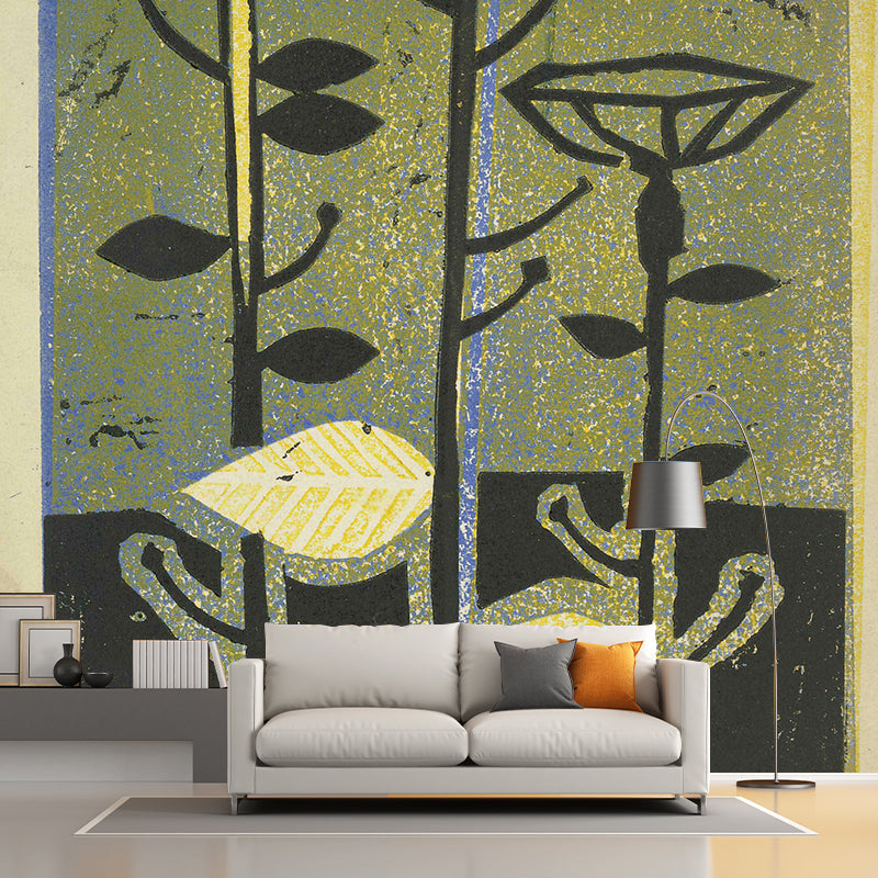 Art Deco Flowers Painting Murals Yellow-Brown Bedroom Wall Decoration, Custom-Print Yellow-Brown Clearhalo 'Wall Decor' 'Wall Mural' 1421753