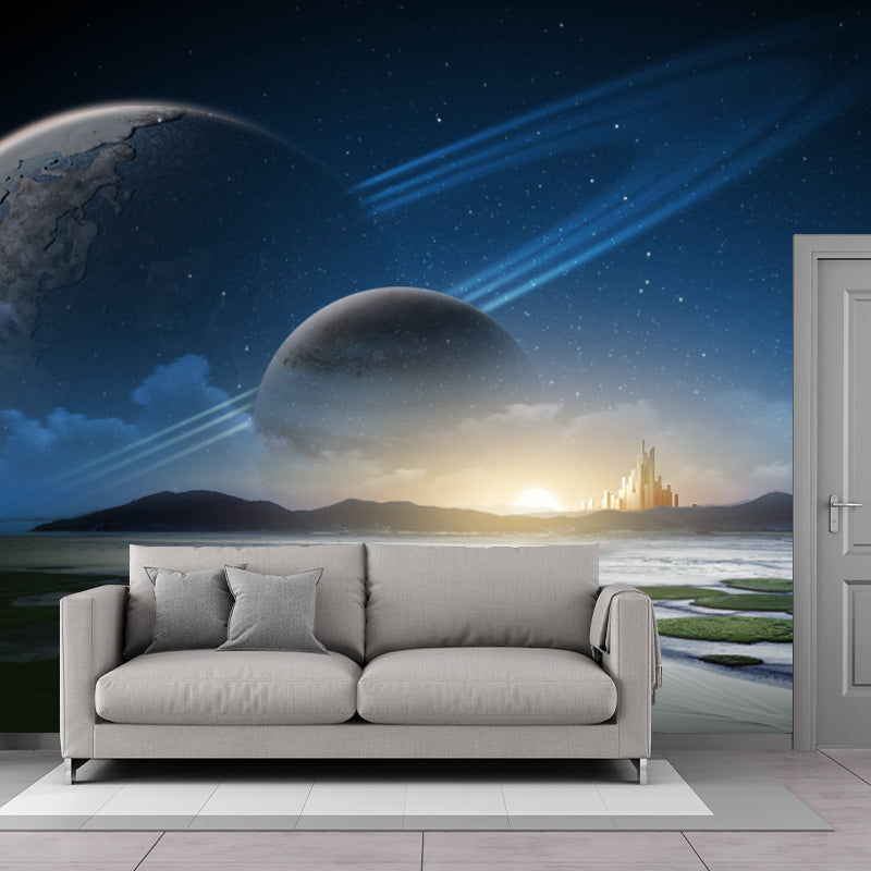 Aqua Sunrise River Scenery Mural Orbital Planet Sci-Fi Moisture Resistant Wall Decor Aqua Clearhalo 'Wall Decor' 'Wall Mural' 1421818