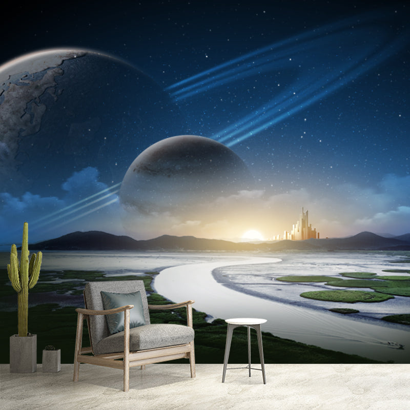 Aqua Sunrise River Scenery Mural Orbital Planet Sci-Fi Moisture Resistant Wall Decor Clearhalo 'Wall Decor' 'Wall Mural' 1421819