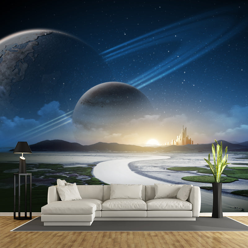 Aqua Sunrise River Scenery Mural Orbital Planet Sci-Fi Moisture Resistant Wall Decor Clearhalo 'Wall Decor' 'Wall Mural' 1421820