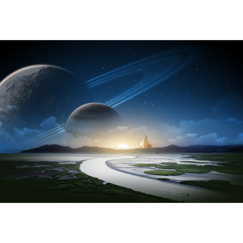 Aqua Sunrise River Scenery Mural Orbital Planet Sci-Fi Moisture Resistant Wall Decor Clearhalo 'Wall Decor' 'Wall Mural' 1421821