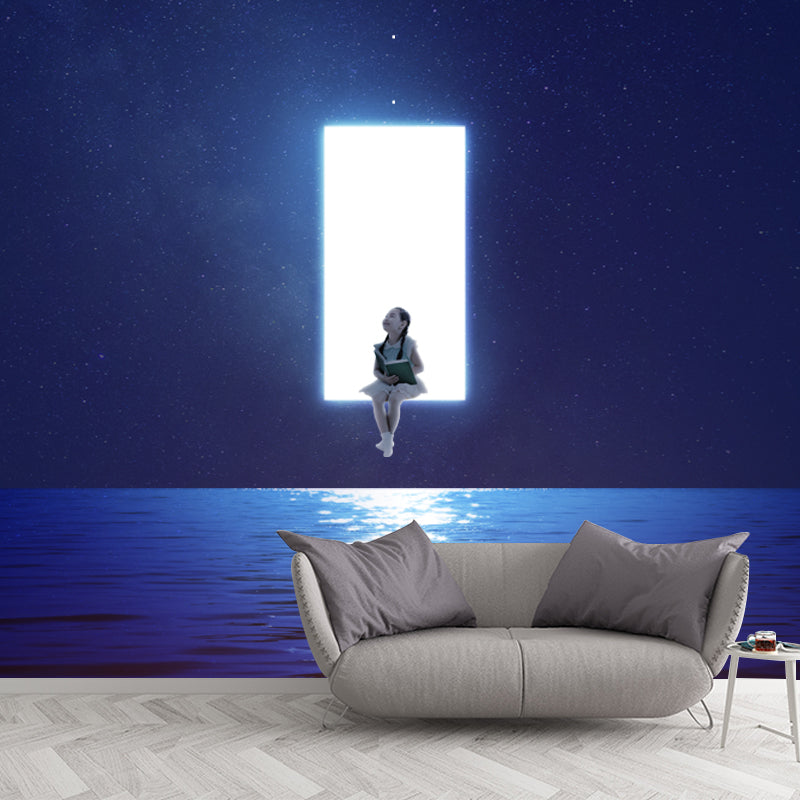 Whole Sci-Fi Wall Paper Murals in Blue-White Girl Suspended over Night Ocean Wall Art, Optional Size Blue-White Clearhalo 'Wall Decor' 'Wall Mural' 1422003