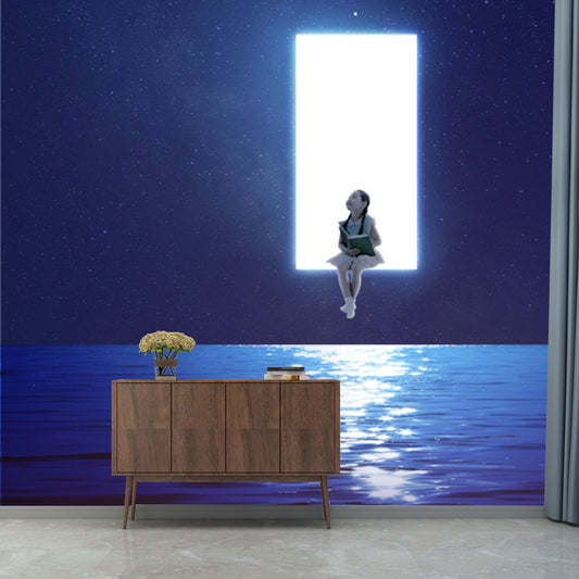 Whole Sci-Fi Wall Paper Murals in Blue-White Girl Suspended over Night Ocean Wall Art, Optional Size Clearhalo 'Wall Decor' 'Wall Mural' 1422004