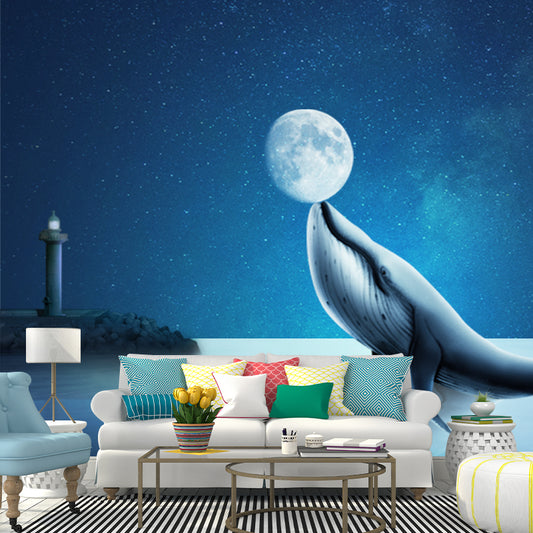 Blue Dolphin Playing Moon Murals Water-Proof Fictional Bedroom Wall Decor, Custom-Made Clearhalo 'Wall Decor' 'Wall Mural' 1422014