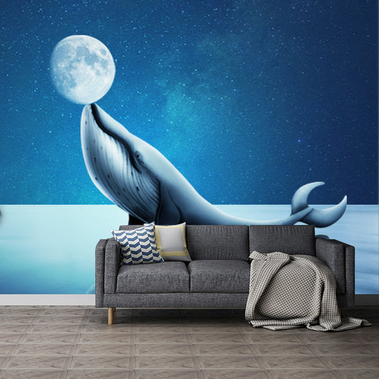 Blue Dolphin Playing Moon Murals Water-Proof Fictional Bedroom Wall Decor, Custom-Made Clearhalo 'Wall Decor' 'Wall Mural' 1422015