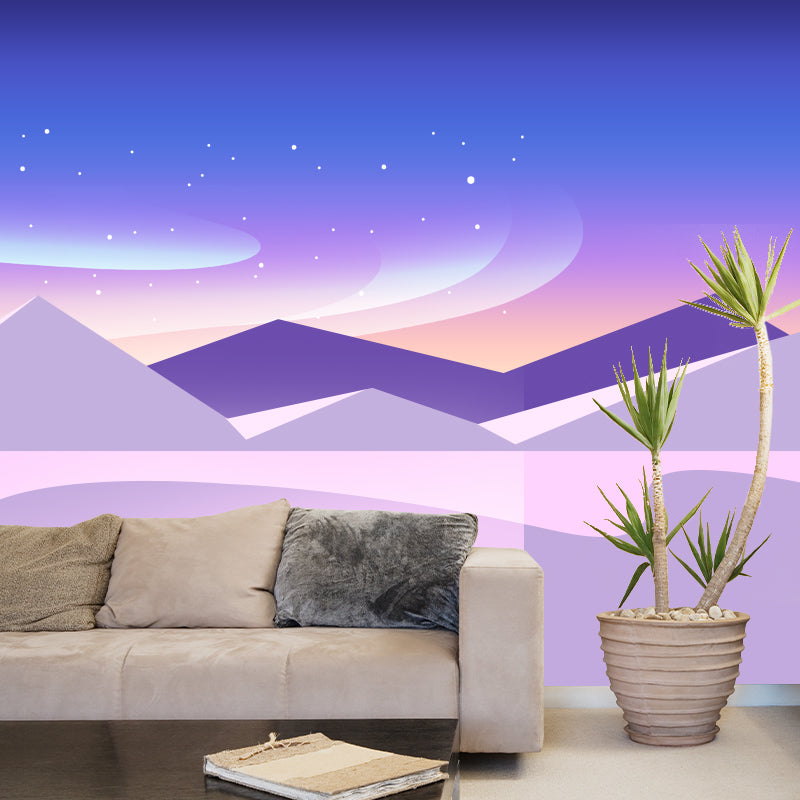 Whole Star and Aurora Mural Nordic Mystic Night Mountain Landscape Wall Decor in Purple-Blue Clearhalo 'Wall Decor' 'Wall Mural' 1422049