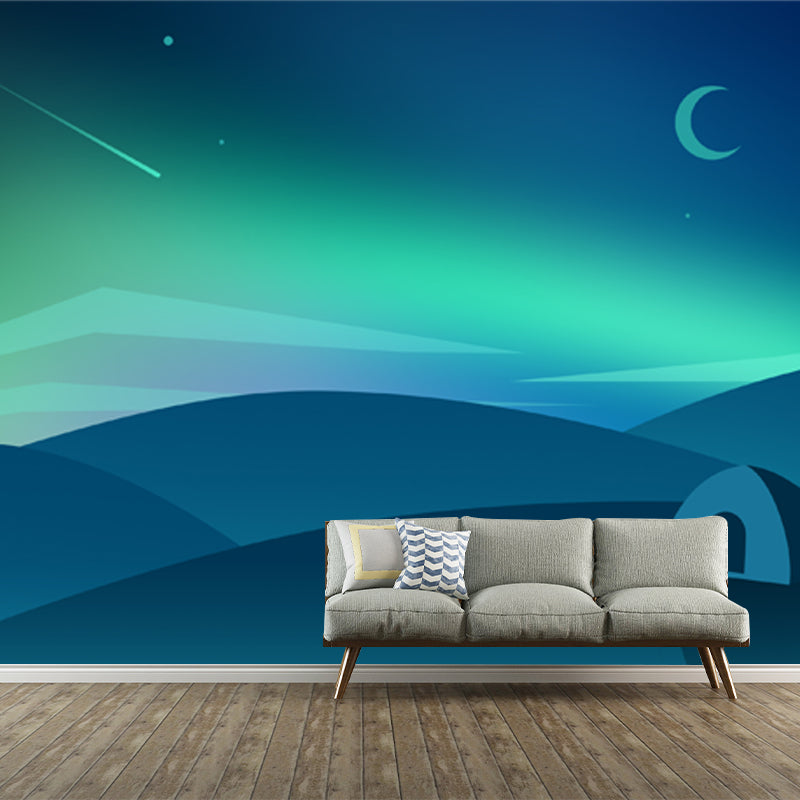 Aqua Scandinavian Mural Decal Whole Tent and Night Scene Wall Covering for Bedroom Aqua Clearhalo 'Wall Decor' 'Wall Mural' 1422073
