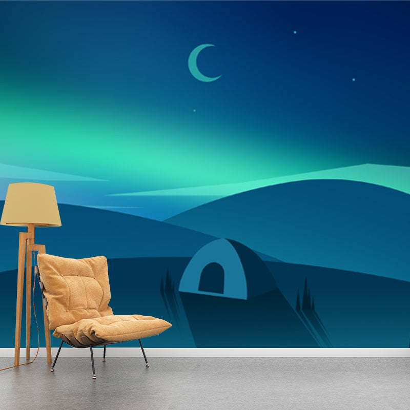 Aqua Scandinavian Mural Decal Whole Tent and Night Scene Wall Covering for Bedroom Clearhalo 'Wall Decor' 'Wall Mural' 1422074