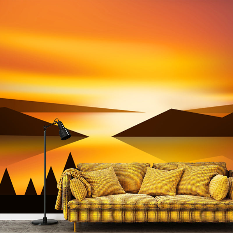 Sunset Mountain Landscape Mural Wallpaper Modern Non-Woven Wall Covering in Yellow-Black Yellow-Black Clearhalo 'Wall Decor' 'Wall Mural' 1422094