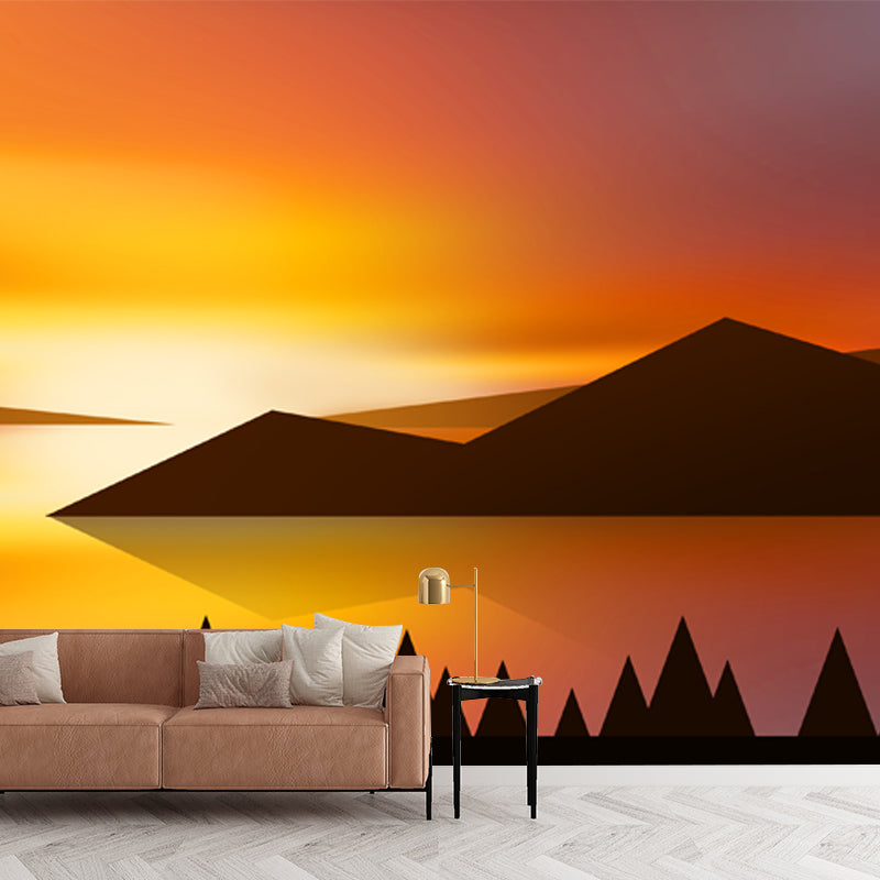 Sunset Mountain Landscape Mural Wallpaper Modern Non-Woven Wall Covering in Yellow-Black Clearhalo 'Wall Decor' 'Wall Mural' 1422095