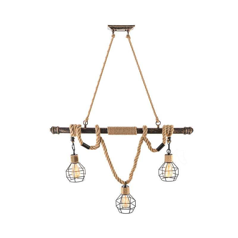 3 Head Island Lighting Vintage Style Globe Cage Metal and Rope Hanging Light in Beige for Dining Room Clearhalo 'Ceiling Lights' 'Island Lights' Lighting' 142217