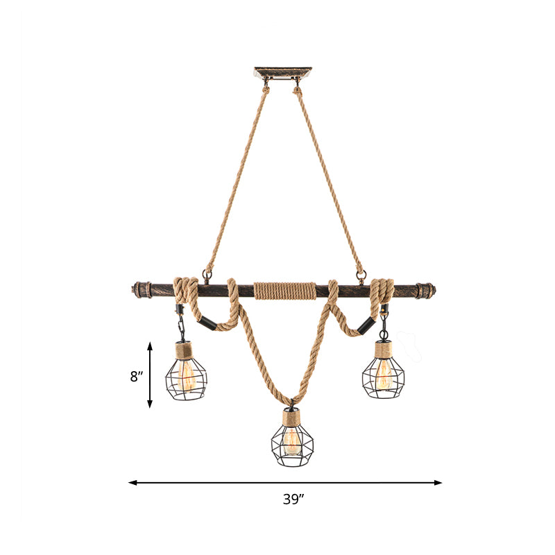 3 Head Island Lighting Vintage Style Globe Cage Metal and Rope Hanging Light in Beige for Dining Room Clearhalo 'Ceiling Lights' 'Island Lights' Lighting' 142218