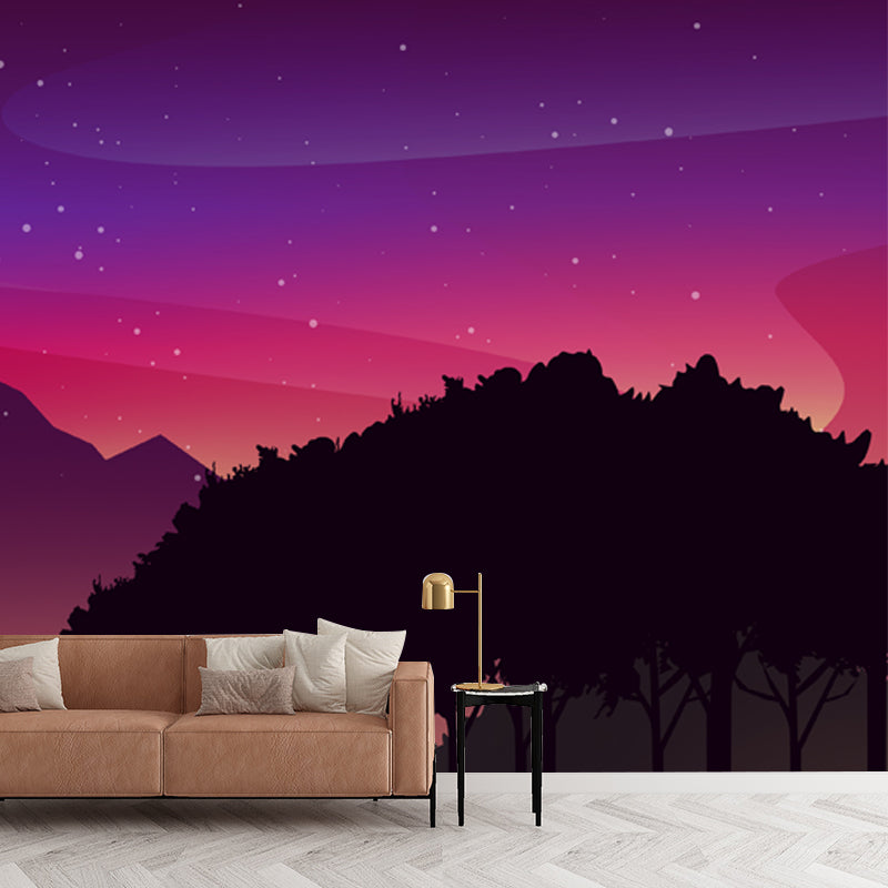 Modern Forest Starry Night Mural Purple-Red Stain Resistant Wall Art for Bedroom Purple-Red Clearhalo 'Wall Decor' 'Wall Mural' 1422184