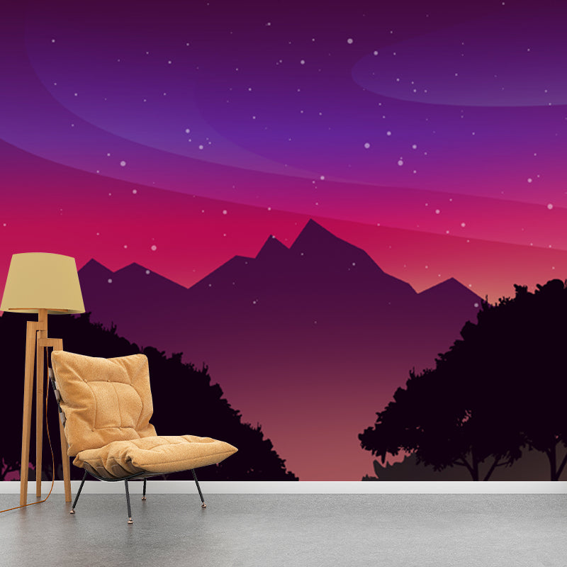 Modern Forest Starry Night Mural Purple-Red Stain Resistant Wall Art for Bedroom Clearhalo 'Wall Decor' 'Wall Mural' 1422185