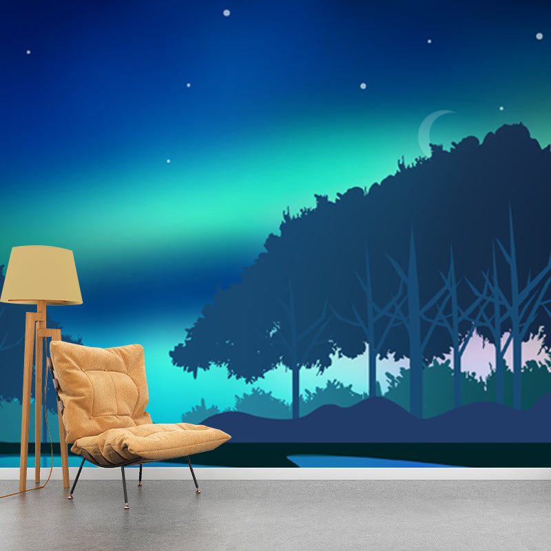 Aqua Aurora Wall Mural Forest Starry Sky Modern Waterproof Wall Decor for Living Room Clearhalo 'Wall Decor' 'Wall Mural' 1422196