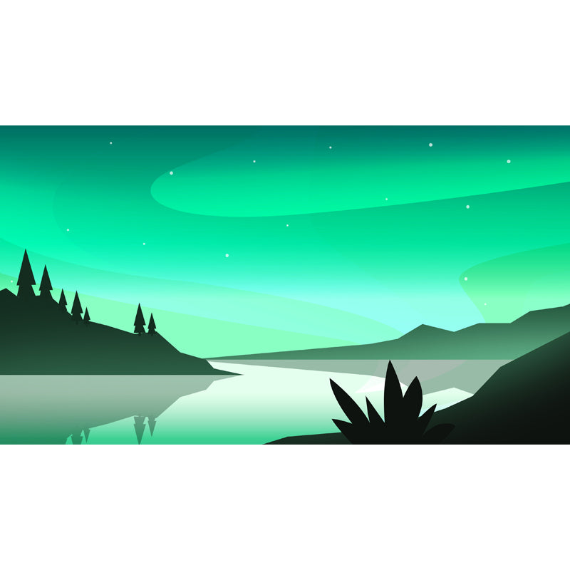 Nordic River Night Scene Mural in Green Stain Proof Wall Covering for Living Room Clearhalo 'Wall Decor' 'Wall Mural' 1422220