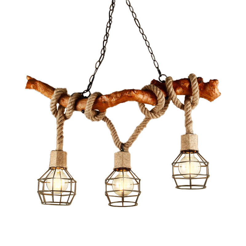 Metal and Rope Beige Island Lamp Globe Cage 3 Lights Rustic Loft Island Pendant Light with Branch Clearhalo 'Ceiling Lights' 'Island Lights' Lighting' 142229