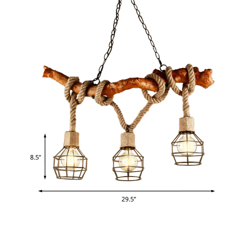 Metal and Rope Beige Island Lamp Globe Cage 3 Lights Rustic Loft Island Pendant Light with Branch Clearhalo 'Ceiling Lights' 'Island Lights' Lighting' 142230