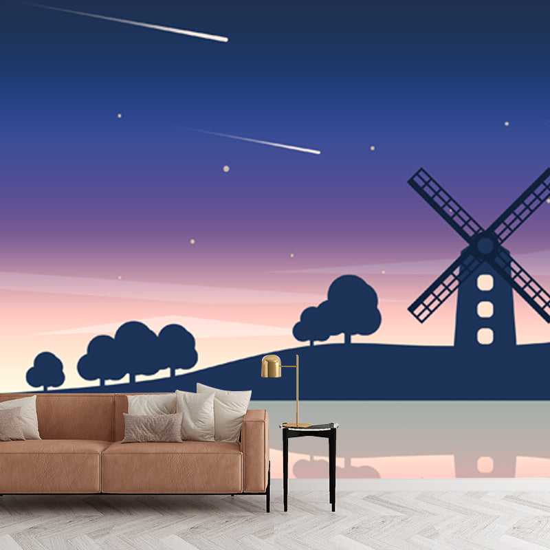 Big Riverside Windmill Mural Wallpaper Nordic Dreamy Meteor Shower Wall Covering in Purple-Blue Clearhalo 'Wall Decor' 'Wall Mural' 1422339