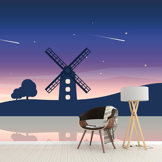 Big Riverside Windmill Mural Wallpaper Nordic Dreamy Meteor Shower Wall Covering in Purple-Blue Clearhalo 'Wall Decor' 'Wall Mural' 1422340