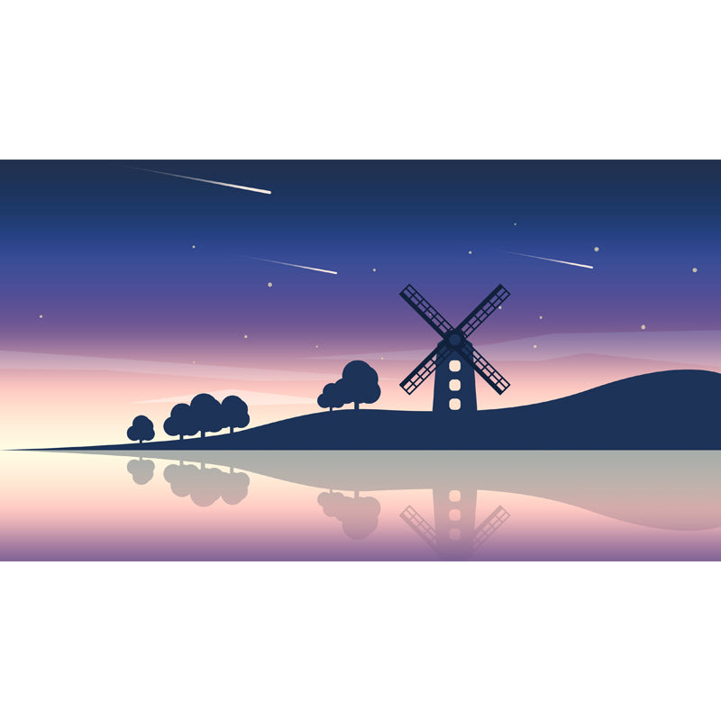 Big Riverside Windmill Mural Wallpaper Nordic Dreamy Meteor Shower Wall Covering in Purple-Blue Clearhalo 'Wall Decor' 'Wall Mural' 1422341