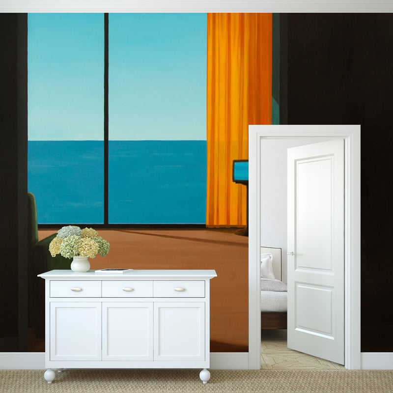 Art Sea outside Window Murals for Hotel Customized Wall Decor in Orange and Blue Clearhalo 'Wall Decor' 'Wall Mural' 1422777