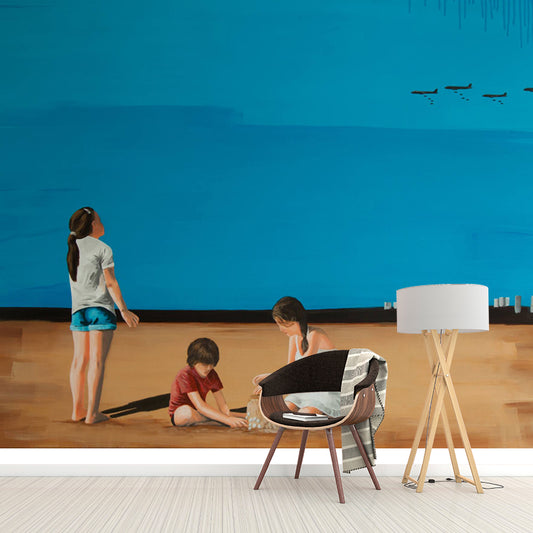 Artistic Kids Wall Paper Mural with Have Fun at Beach Painting Blue-Brown Wall Covering Clearhalo 'Wall Decor' 'Wall Mural' 1422791