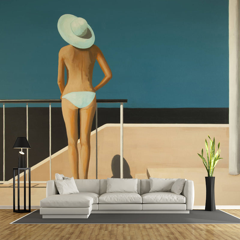 Woman in the Hat Mural Wallpaper Blue-Brown Artistic Wall Decoration for Bedroom Blue-Brown Clearhalo 'Wall Decor' 'Wall Mural' 1422799