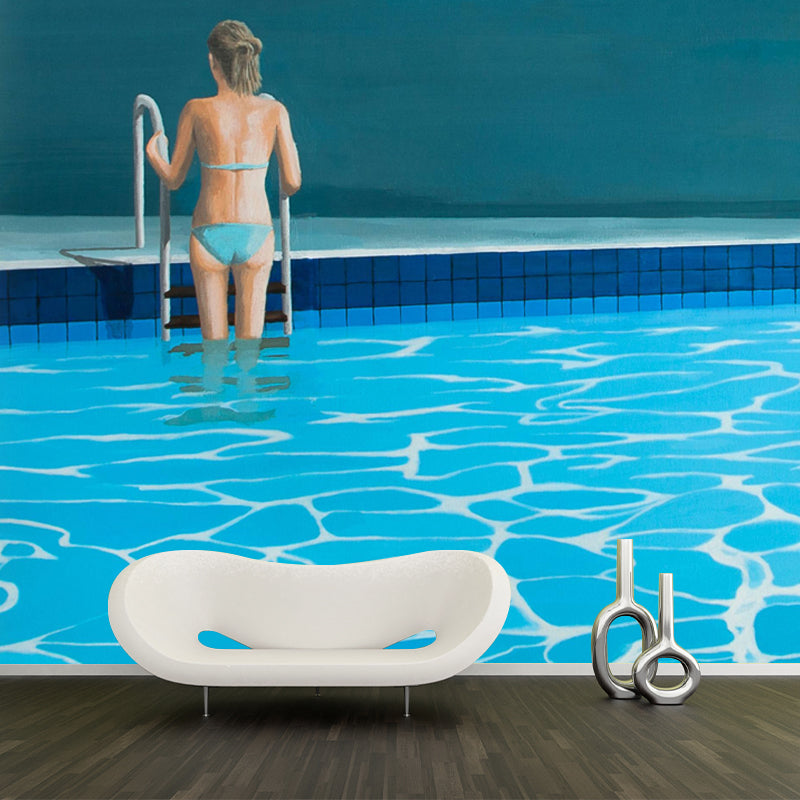 Blue Swimming Pool Wallpaper Mural Stain-Proof Modern Art Living Room Wall Decoration Blue Clearhalo 'Wall Decor' 'Wall Mural' 1422875