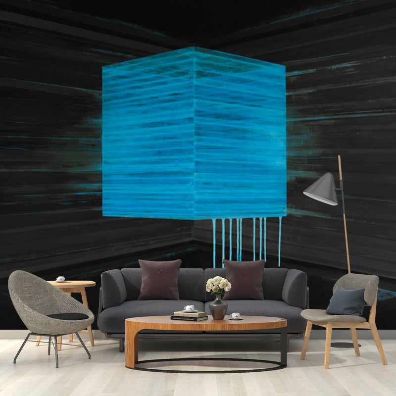 Artistry Melting Box Wallpaper Mural for Corridor Custom Size Wall Covering in Black-Blue Black-Blue Clearhalo 'Wall Decor' 'Wall Mural' 1422910