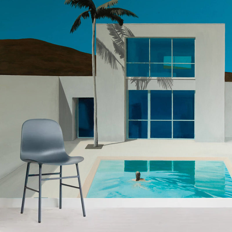 Swimming Pool Wall Mural Blue and White Art Deco Wall Covering for Living Room, Custom-Print Blue-White Clearhalo 'Wall Decor' 'Wall Mural' 1422968