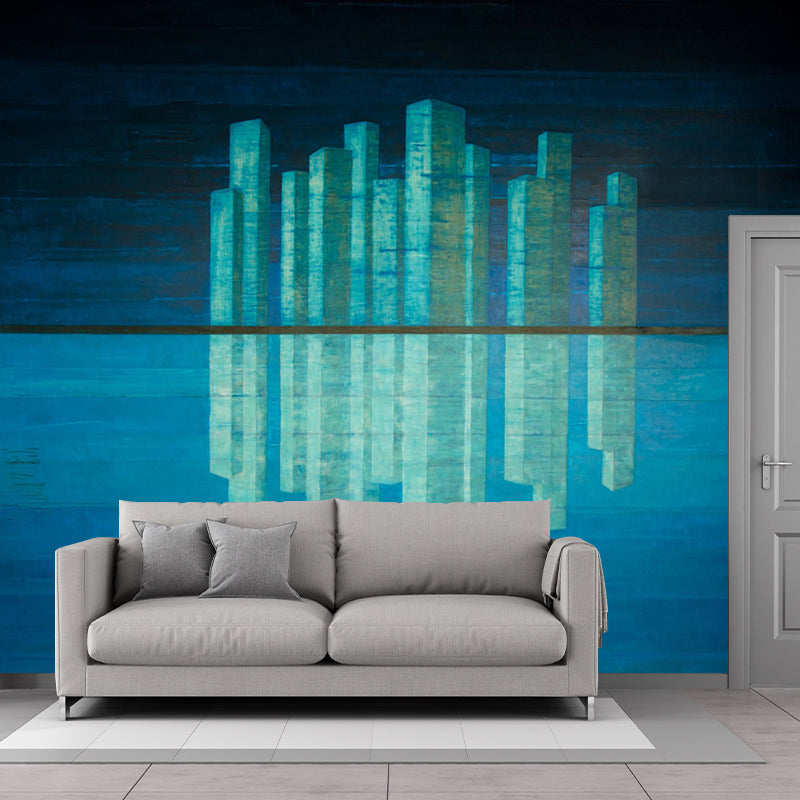 Artistry Metropolis Reflection Murals Blue Stain Resistant Wall Decor for Bedroom Clearhalo 'Wall Decor' 'Wall Mural' 1423005