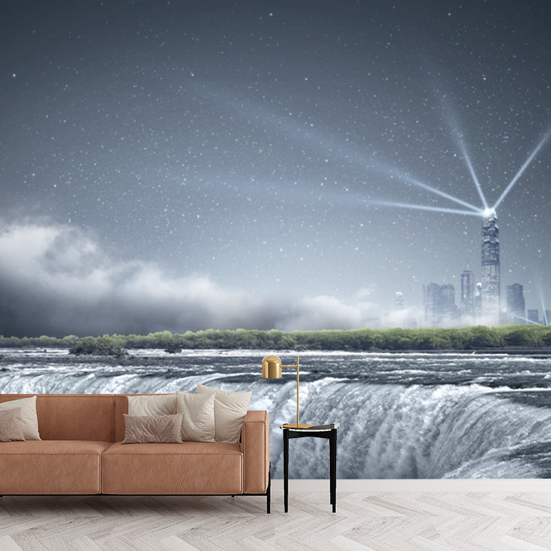 Aqua Fictional Mural Wallpaper Whole Night Cascade and Distant Shiny City Wall Covering for Accent Wall Aqua Clearhalo 'Wall Decor' 'Wall Mural' 1423044