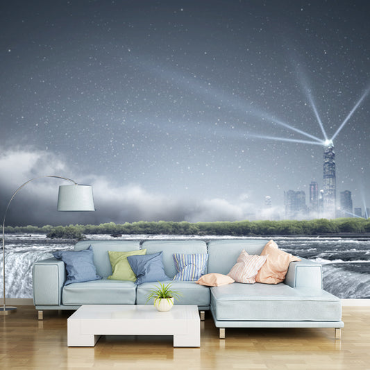 Aqua Fictional Mural Wallpaper Whole Night Cascade and Distant Shiny City Wall Covering for Accent Wall Clearhalo 'Wall Decor' 'Wall Mural' 1423045