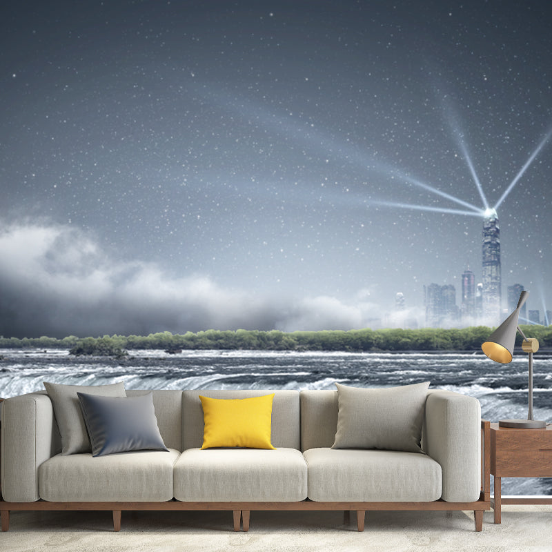 Aqua Fictional Mural Wallpaper Whole Night Cascade and Distant Shiny City Wall Covering for Accent Wall Clearhalo 'Wall Decor' 'Wall Mural' 1423046