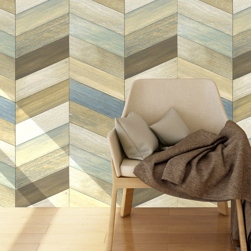 Chevron Wood Effect Wallpaper Rural Stain-Proof Living Room Wall Decor, 57.1-sq ft Yellow-Blue Clearhalo 'Country wall decor' 'Rustic' 'Wallpaper' Wall Decor' 1424152