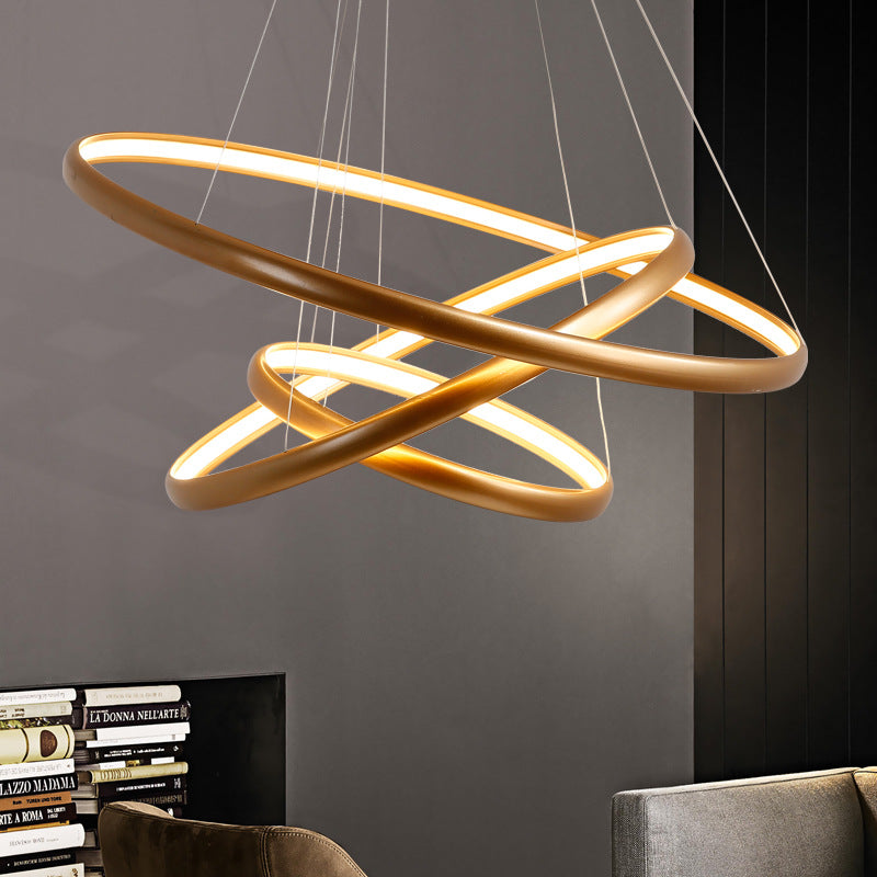 Black/Brown/Gold Orbit LED Ceiling Light Modernism 1/2/3-Light Acrylic Chandelier in Warm/White/Natural Light 3 Gold Clearhalo 'Ceiling Lights' 'Chandeliers' 'Modern Chandeliers' 'Modern' Lighting' 142487