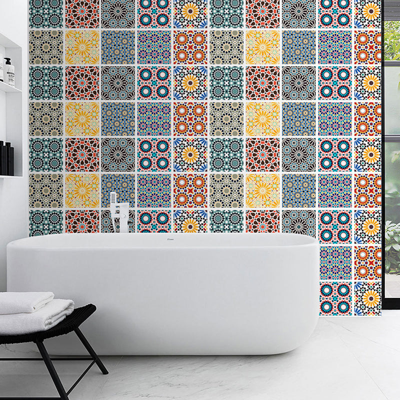 Adhesive Mandala Tiles Wallpaper Panel Set Bohemian PVC Wall Covering in Multi-Color for Bathroom Red-Yellow-Blue-Green Clearhalo 'Wall Decor' 'Wallpaper' 1425172